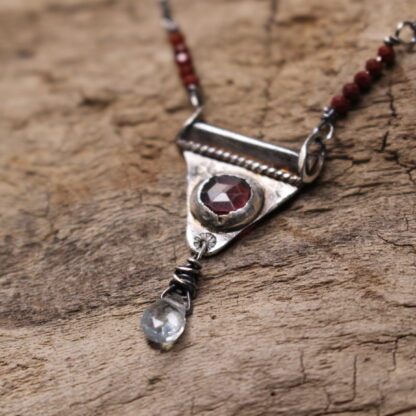 Ancient Tear- Sterling Silver, Madagascar Ruby, Aquamarine and Carnelian Necklace